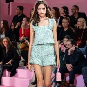 RALPH AND RUSSO CROPPED FRAYED METALLIC TWEED TOP IN BLUE